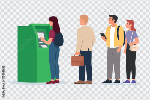 People Standing in Line at ATM: Banking, Money Withdrawal, and Financial Transaction Illustration