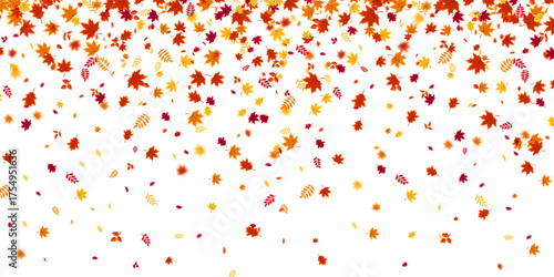 Autumn flying and falling leaves background with colorful seasonal foliage in red, orange, and yellow. Perfect for nature themes, seasonal sales, posters. Vector illustration.