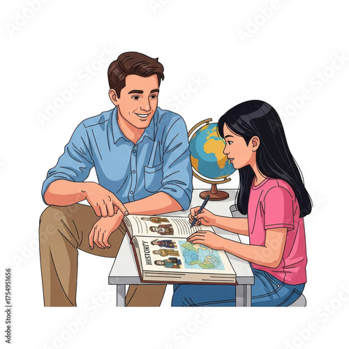 Teacher helping student learn geography with globe and book education concept isolated on transparent background