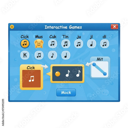 Interactive music game interface elements for digital entertainment and learning isolated on transparent background