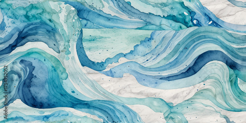 Blue ocean wave background. Blue and white water ocean background. Wavy line background. Hand drawn watercolour ocean background. Vector illustration.

