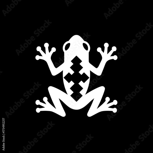 A simplified white frog silhouette on a black background, showcasing a stylized form