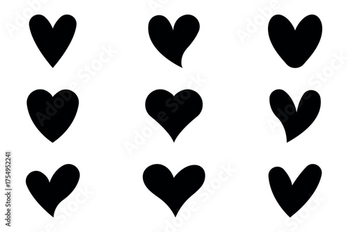 Set of hearts in black color, heart icons set vector, set of hearts different shapes for design.