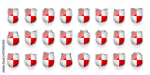Glossy shields with red and black pattern. Security and protection concept. Cyber safety icons, internet privacy, web defense, digital data protection and antivirus themes. Vector illustration.