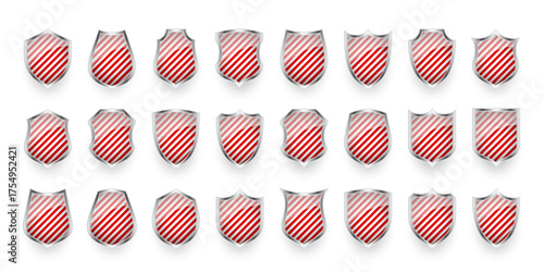 Glossy shields with red and black pattern. Security and protection concept. Cyber safety icons, internet privacy, web defense, digital data protection and antivirus themes. Vector illustration.
