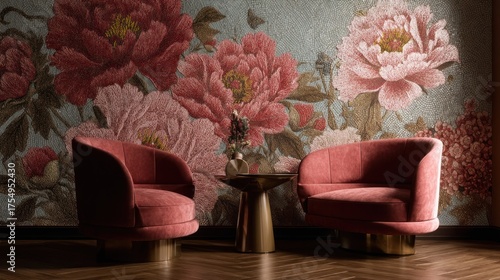 Two pink armchairs with gold legs and a round wooden table in front of a large floral wallpaper with pink and red flowers, situated in a dimly lit room with wooden floors.