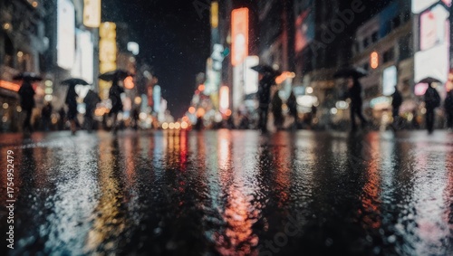 Wallpaper Mural Rainy night in city; people walking, reflections in wet street, illuminated signs blur Torontodigital.ca