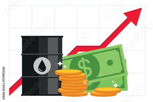 Oil barrel, money pile, red rising graph and upward arrow illustration. Illustration The price of oil is rising understandably. A barrel of crude oil or oil price growth, energy industry or gasoline.