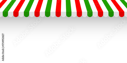 Shop sunshade. Realistic striped cafe awning. Outdoor market tent. Roof canopy. Summer street store. Vector illustration.