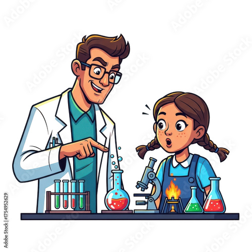 Teacher and student conduct science experiment with colorful liquids and flasks excitement isolated on transparent background