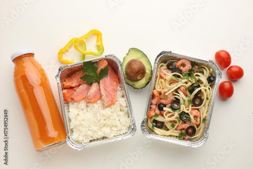 Healthy meal slimming diet plan daily ready menu background, organic fresh dishes and smoothie, fork knife on paper eco bag as food delivery courier service at home in office concept, close up view.
