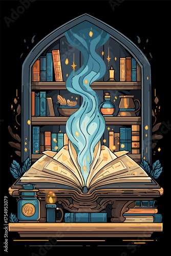 Enchanting Wizard's Library with Spellbook and Mystical Smoke