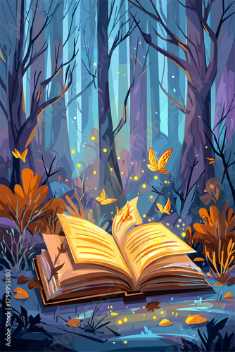 Magical Book in Enchanted Forest with Butterflies and Glow
