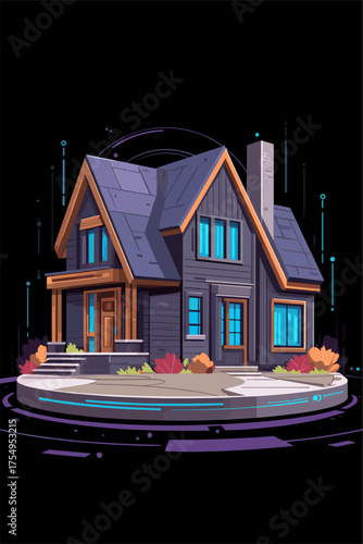 Stylish Modern House Illustration with Vibrant Colors and Dynamic Elements