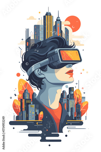 Futuristic Portrait of Young Person with VR Headset Surrounded by City Skyline