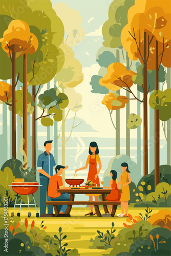 Family Barbecue in Autumn Forest: Joyful Gathering Outdoors