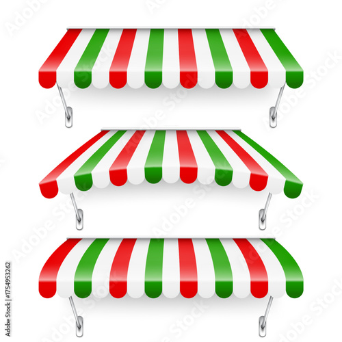 Shop sunshade. Realistic striped cafe awning. Outdoor market tent. Roof canopy. Summer street store. Vector illustration.
