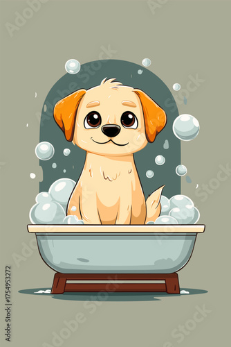 Cute Cartoon Dog Taking a Bath in a Bathtub With Bubbles