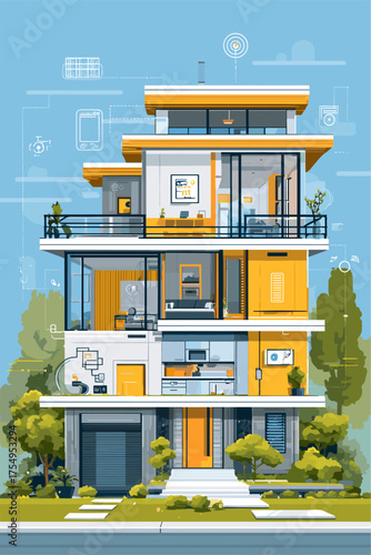 Modern Smart Home Illustration with Open Interior and High-Tech Features