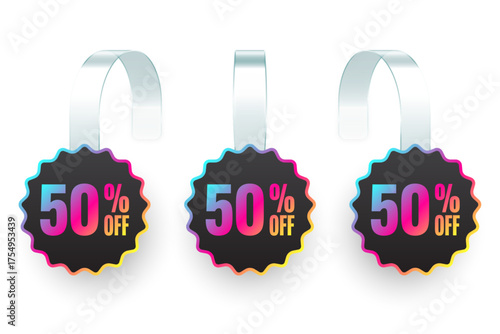 Supermarket promotional wobblers. Realistic white wobbler template for shelf advertising, 50 percent off discount. Sale label with ad text. Special offer price tag. Vector illustration.