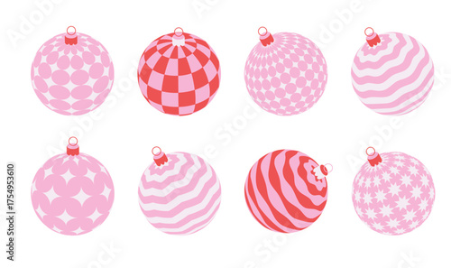 Pink and red coquette Christmas geometric ornaments. Minimal decorative Christmas balls and baubles set. Winter holiday season celebrate vintage sticker. Flat vector illustration.