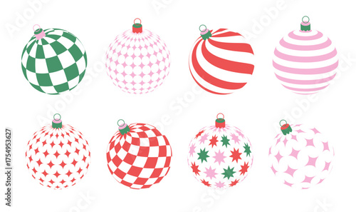 Whimsical minimal Christmas decorative balls for xmas trees, new year concept. Geometric patterns on round balls shapes. Vintage vector illustration.