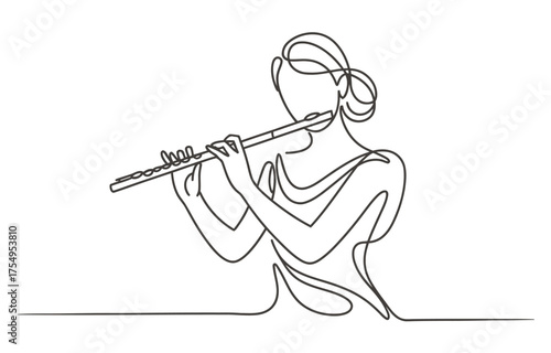 Elegant continuous line drawing of a woman playing a flute musical instrument art vector