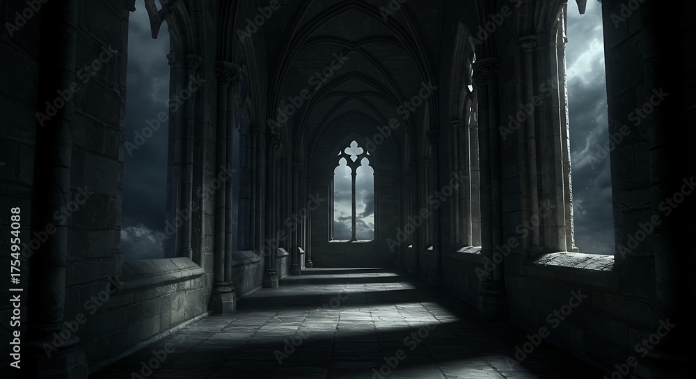 Fototapeta premium Ethereal Light Rays Pierce the Gloom of a Grandiose Gothic Hallway.