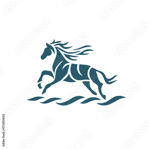 An emblem depicts a teal running horse with flowing mane and tail, above wavy lines