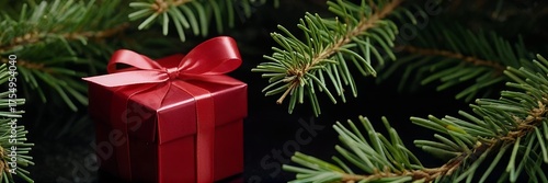 wrapped red gift box with a satin ribbon placed among dark green fir or spruce branches against a moody black background, giving, celebration, anticipation, and classic Christmas aesthetics