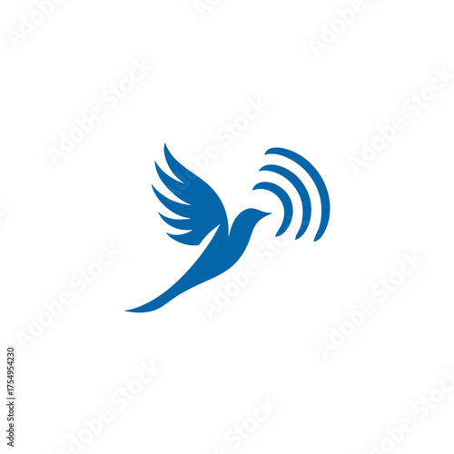 A blue dove in flight, emitting signal waves. Simple, modern logo, conveys communication or connection