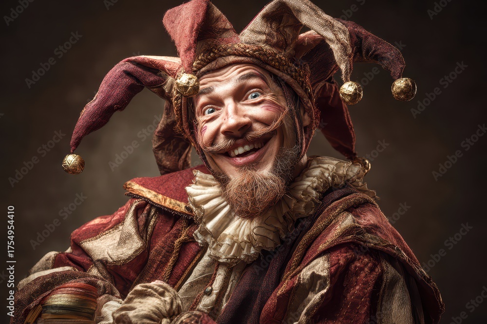 Obraz premium Enigmatic jester, with captivating eyes and whimsical charm, costume with bells. A timeless character in a world of fantasy and laughter.