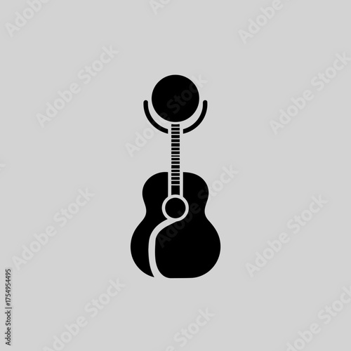 Graphic black icon of an acoustic guitar with microphone, on a light grey background