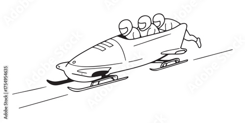 Minimalist black-and-white illustration of bobsled team speeding down ice track. Perfect for winter sports, teamwork, and active lifestyle content. Ideal for websites, social media, advertising, and p