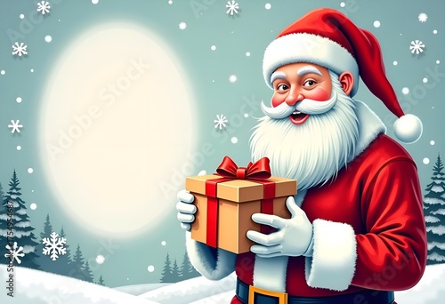 Santa Claus holding a gift box. Copy space. 
