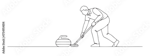 Minimalist black-and-white illustration of curler sliding stone on ice rink with broom nearby. Perfect for winter sports, team play, and active lifestyle content