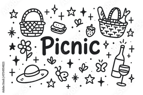Spring Picnic Doodle. Doodle spring picnic with stars, baskets, and sparkles, center word “Picnic” in black and white isolated