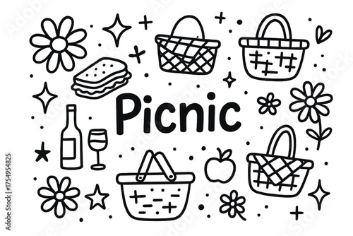 Spring Picnic Doodle. Doodle spring picnic with stars, baskets, and sparkles, center word “Picnic” in black and white isolated