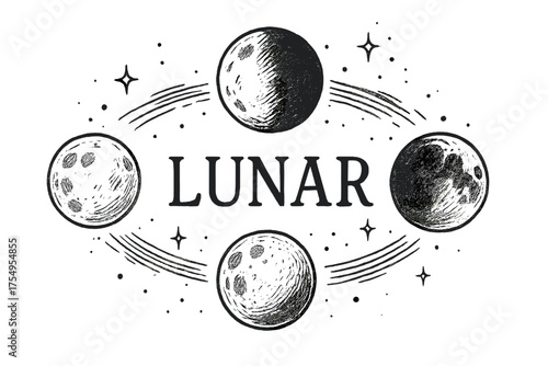 Lunar Eclipse Illustration. Hand-drawn lunar eclipse with moons, shadows, and sparkles, center word “Lunar” in black and white