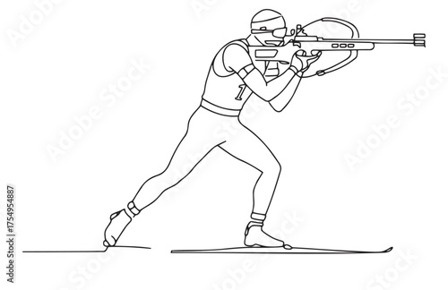 Minimalist black-and-white illustration of biathlete skiing with rifle on shoulder. Perfect for winter sports, precision, and active lifestyle content