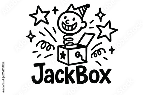 JackBox Doodle Delight. Doodle jack in the box with stars, springs, and sparkles, center word “JackBox” in black and white