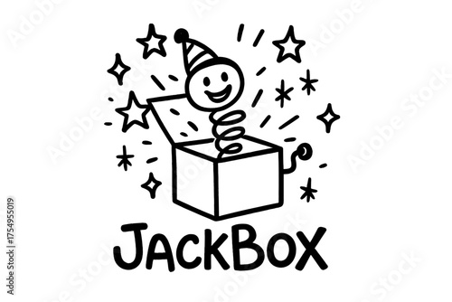 JackBox Doodle Delight. Doodle jack in the box with stars, springs, and sparkles, center word “JackBox” in black and white
