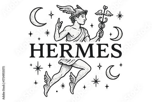 Hermes with Moons and Wings. Hand-drawn hermes with moons, wings, and sparkles, center word “Hermes” in black and white isolated