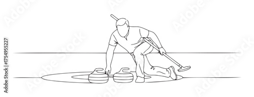 Minimalist black-and-white illustration of curler sliding stone on ice rink with broom nearby. Perfect for winter sports, team play, and active lifestyle content