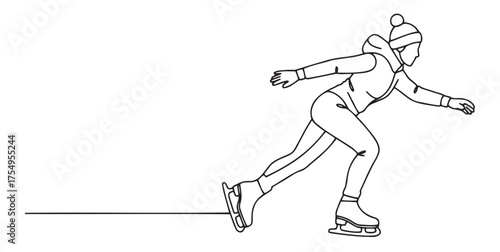 Minimalist black-and-white illustration of skater gliding forward in motion with bent knees and arms out. Perfect for winter sports, speed, and active lifestyle content