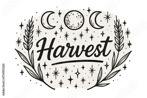 Harvest Festival Design. Hand-drawn harvest festival with moons, wheat, and sparkles, center word “Harvest” in black and white