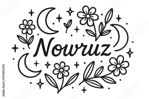 Nowruz Celebration Design. Hand-drawn nowruz persian new year with moons, flowers, and sparkles, center word “Nowruz” in black and