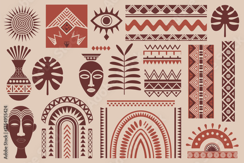 African Tribal Elements Collection with Hand-Drawn Ritual Masks, Textile Ornaments, Ethnic Circles, Borders, Mystic Symbols, and Folk Shapes Vector Set Ideal for Cultural and Ethnic Design Projects