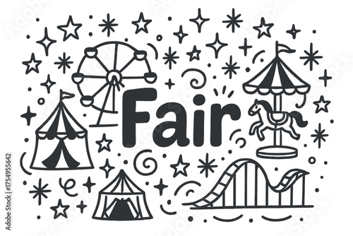 Starry Fairground Doodles. Doodle fairground with stars, rides, and sparkles, center word “Fair” in black and white isolated