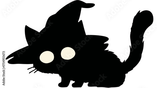 Silhouette of a black cat wearing a witch hat with big, bright, round eyes